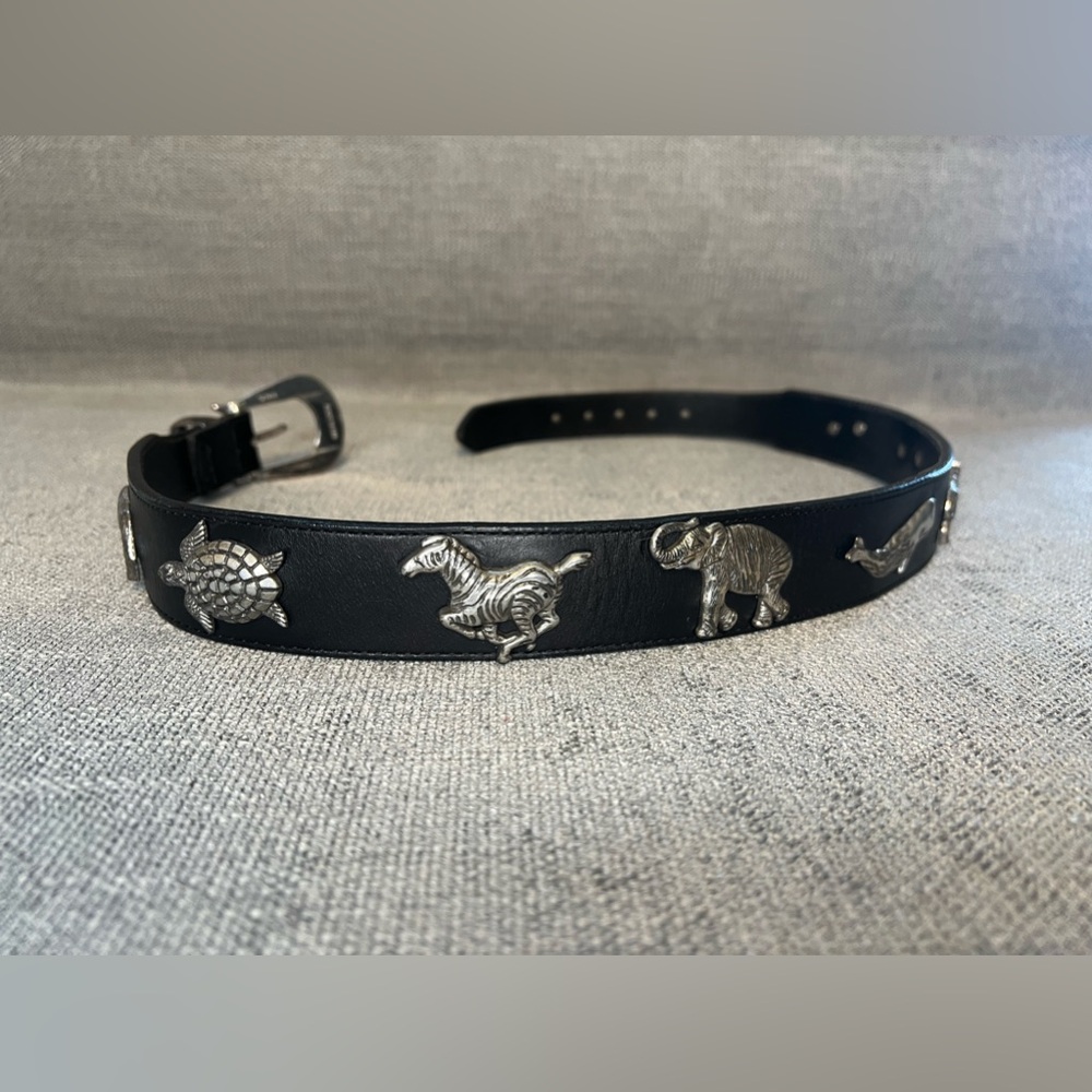 Vintage Honest by Brighton endangered wild animals black leather belt sz 28